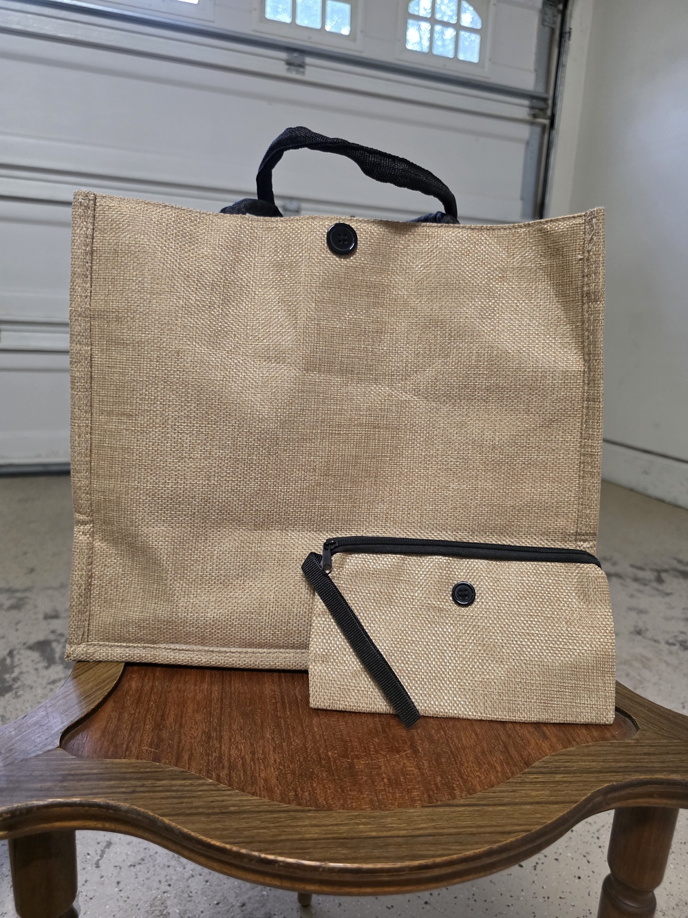 Natural Beige Jute Tote with Matching Zip Pouch